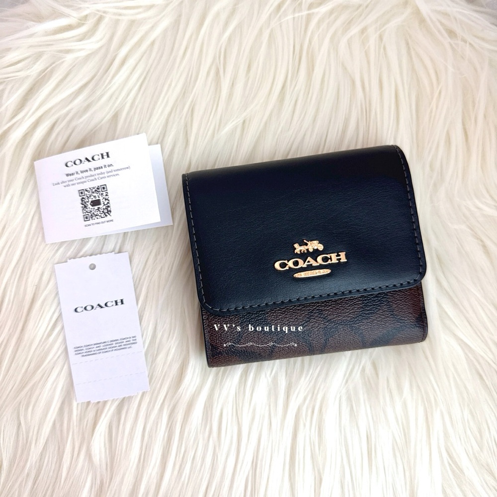 NWT Coach Small Trifold ID Wallet Blocked Signature Canvas Brown Black CE930